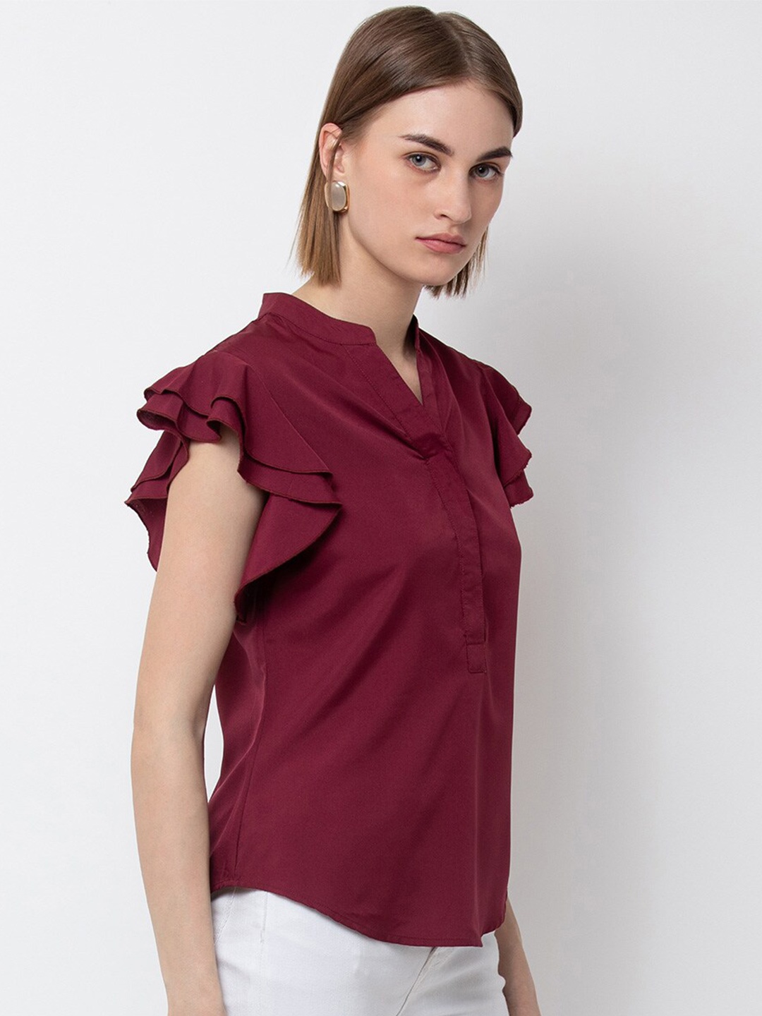 

DODO & MOA Mandarin Collar Ruffles Top, Maroon