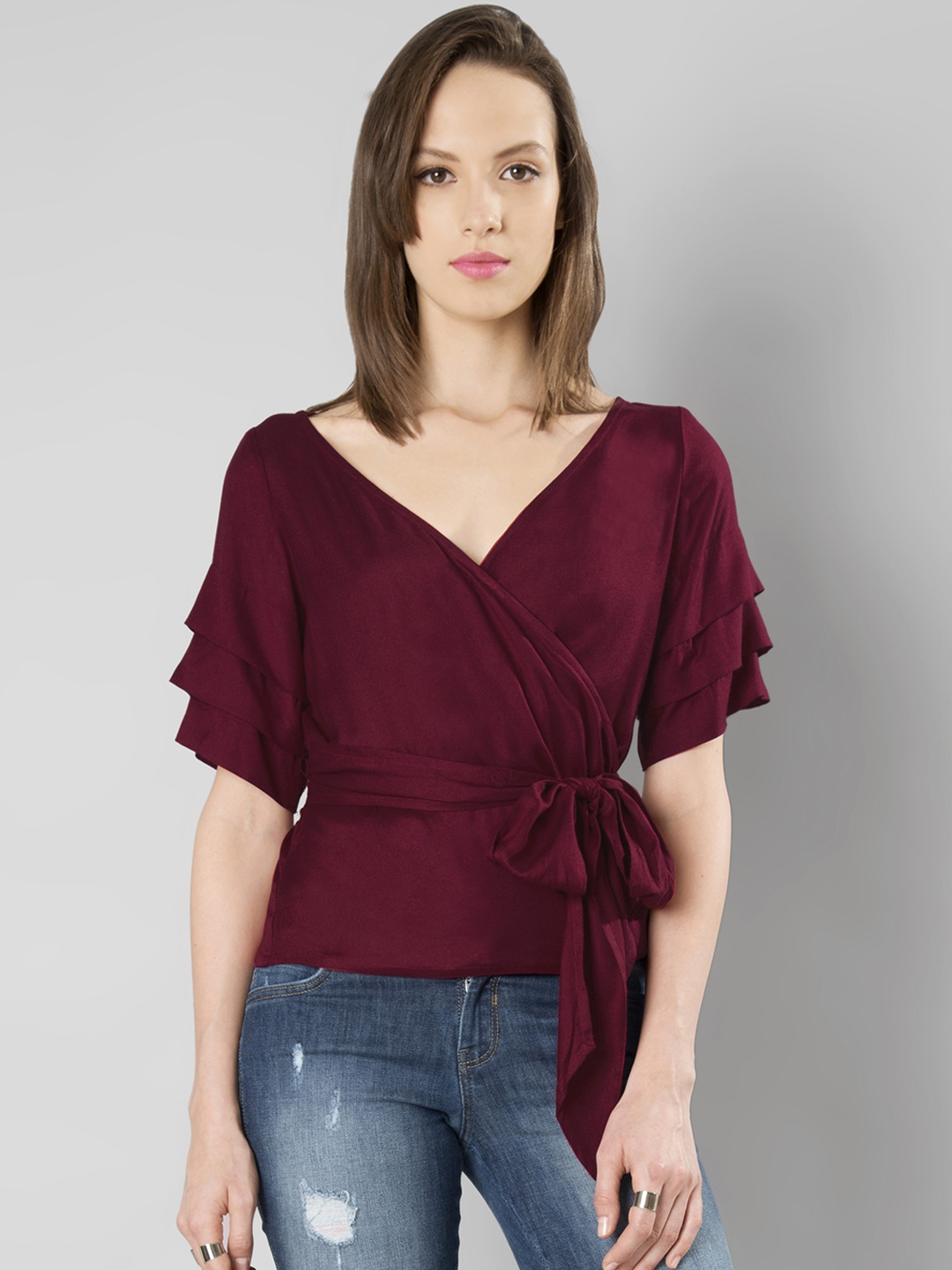 

FabAlley Women Maroon Solid Wrap Top