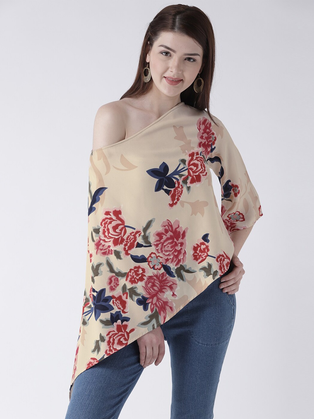DODO & MOA Floral Print One Shoulder Georgette Top, Cream