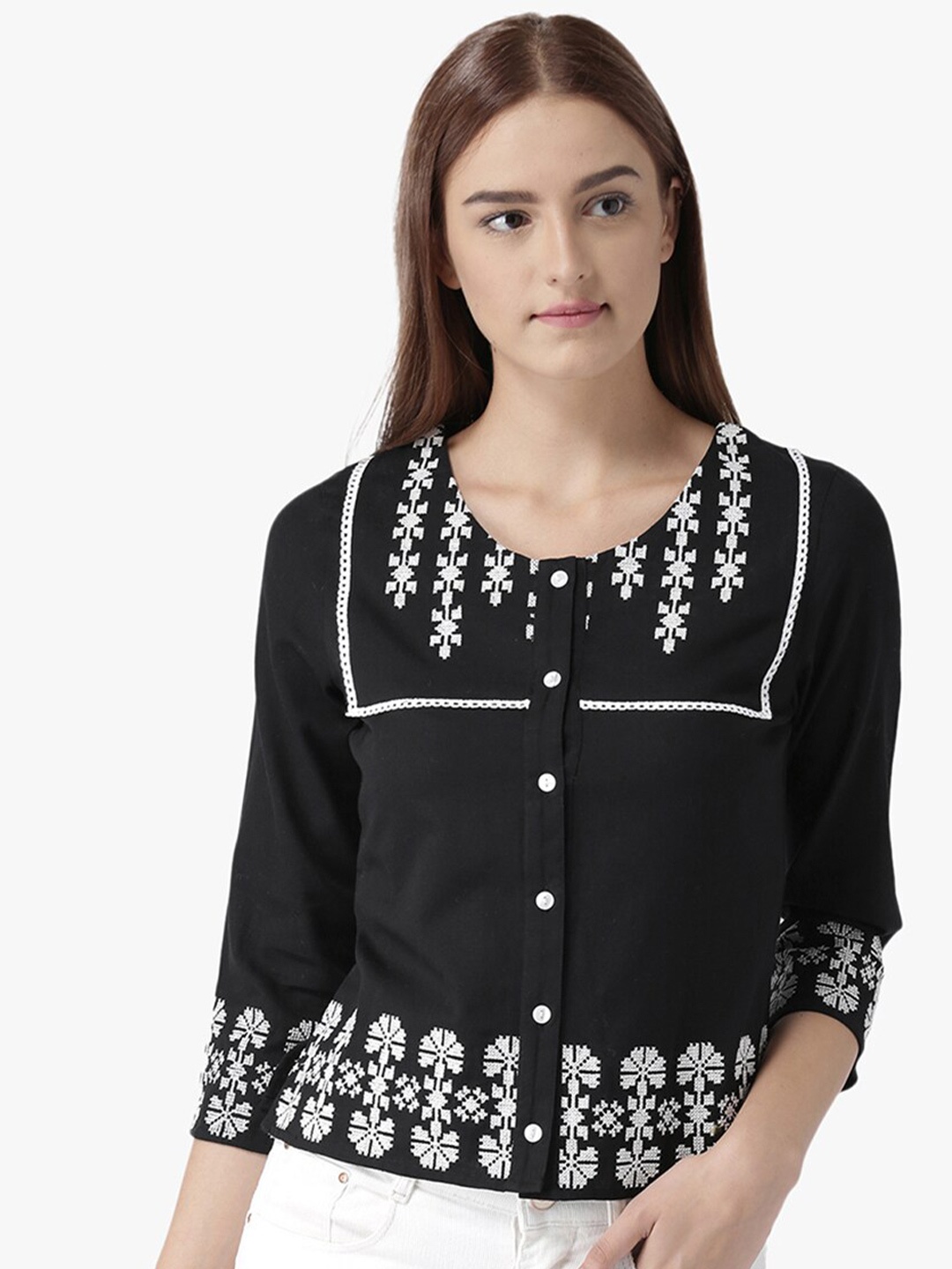 

DODO & MOA Printed Shirt Style Top, Black