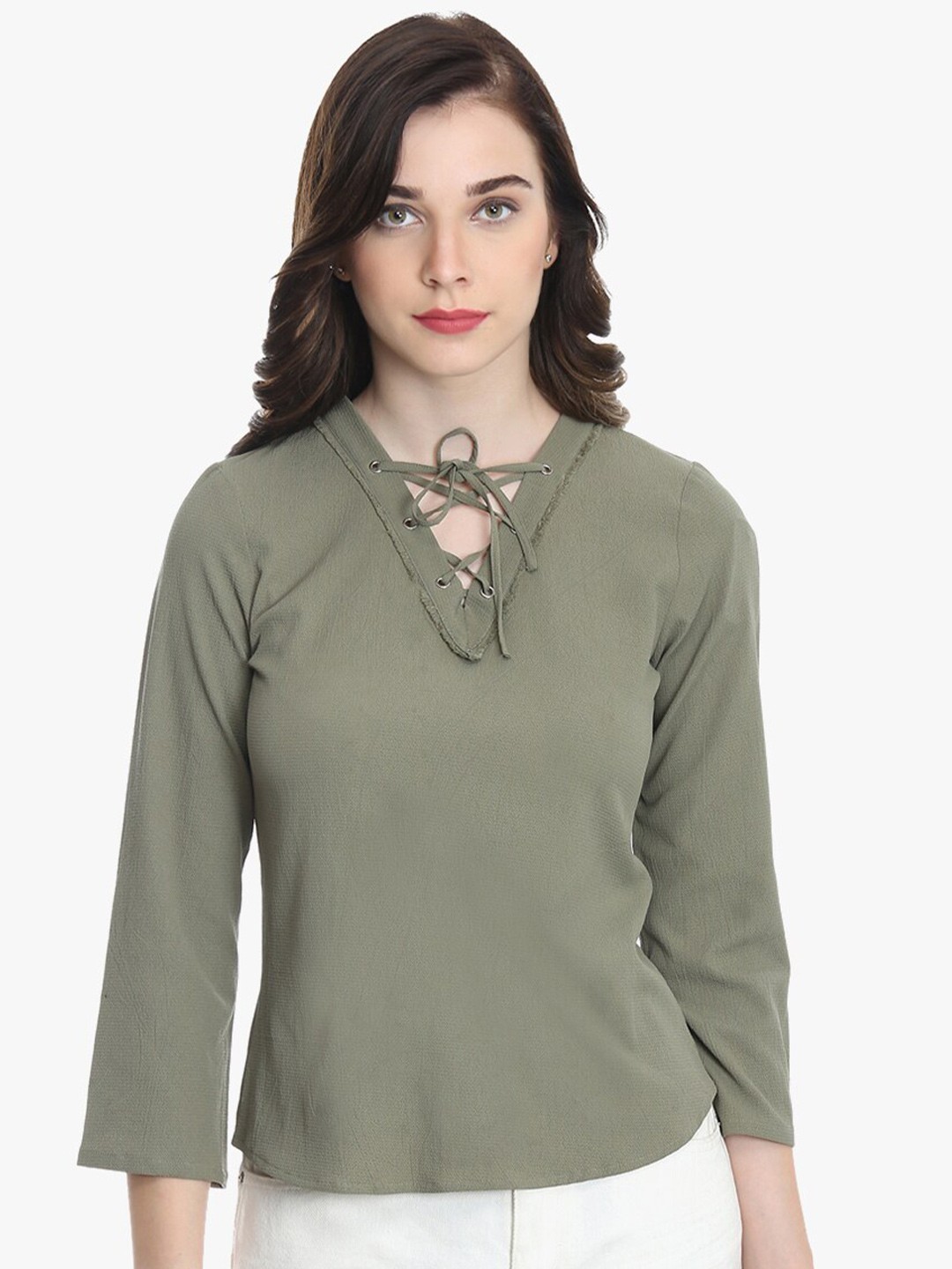 

DODO & MOA Olive Green Tie-Up Neck Georgette Top