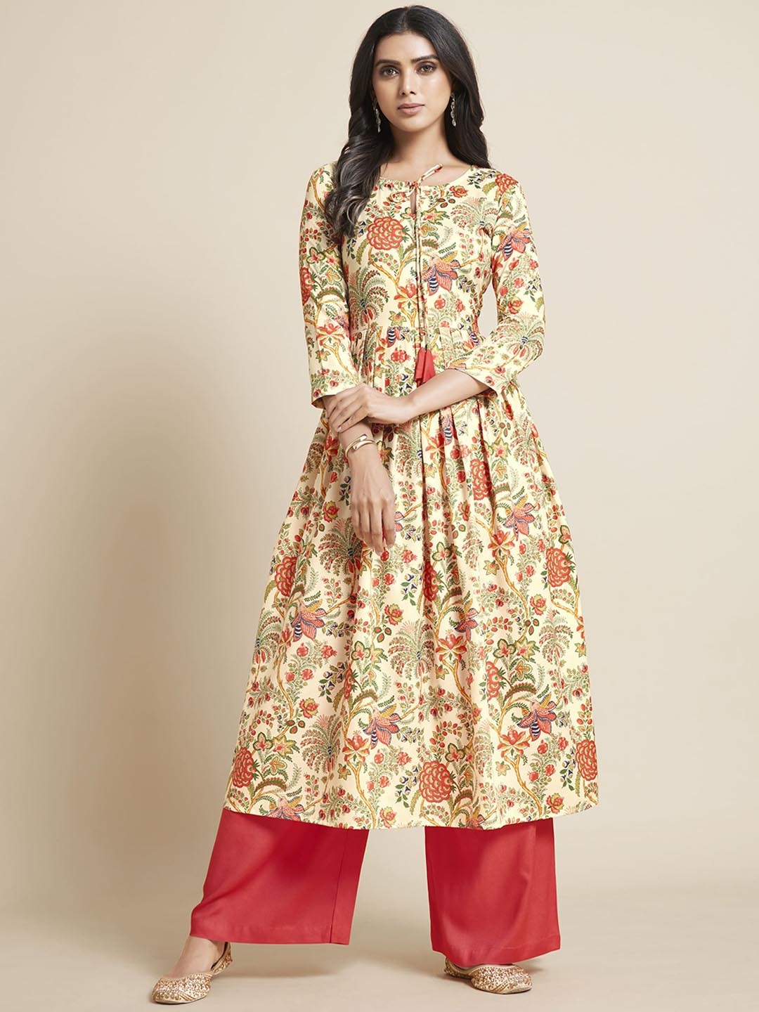 

Sangria Women Floral Printed Pleated Kurta with Palazzos, Yellow
