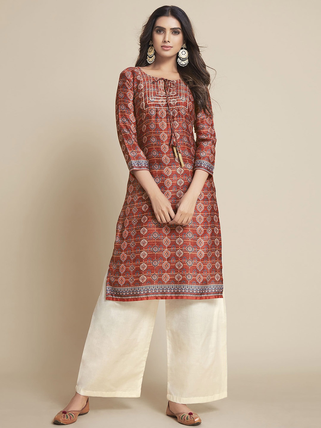 

Sangria Women Ethnic Motifs Printed Kurta with Palazzos, Maroon