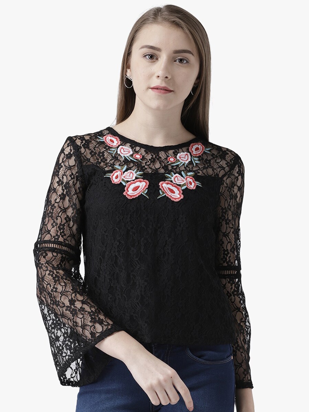

DODO & MOA Floral Embroidered Top, Black