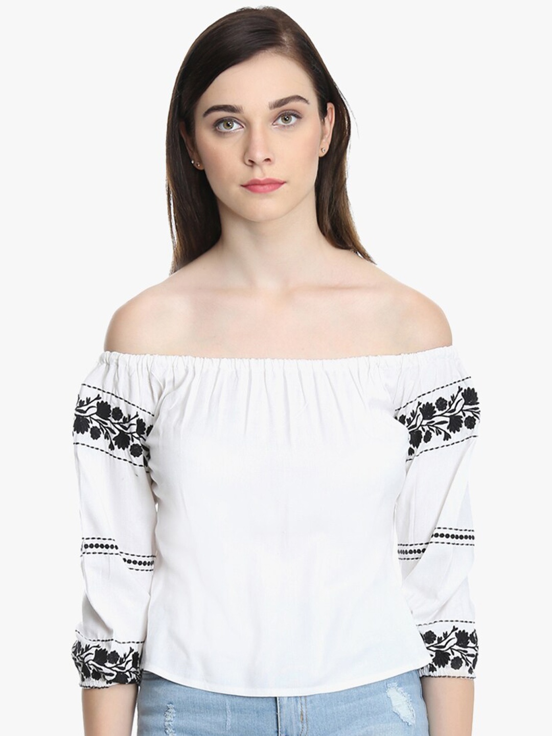 

DODO & MOA Off White Floral Embroidered Off-Shoulder Bardot Top