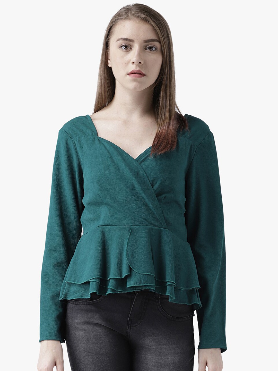 

DODO & MOA Teal Sweetheart Neck Layered Peplum Top