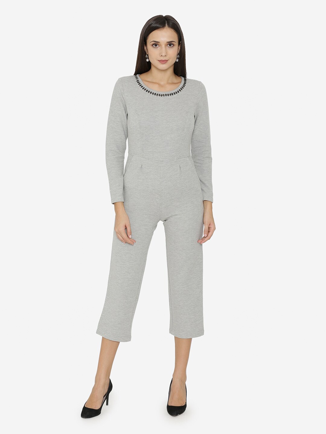 

Yaadleen Cotton Capri Jumpsuit with Embellished, Grey