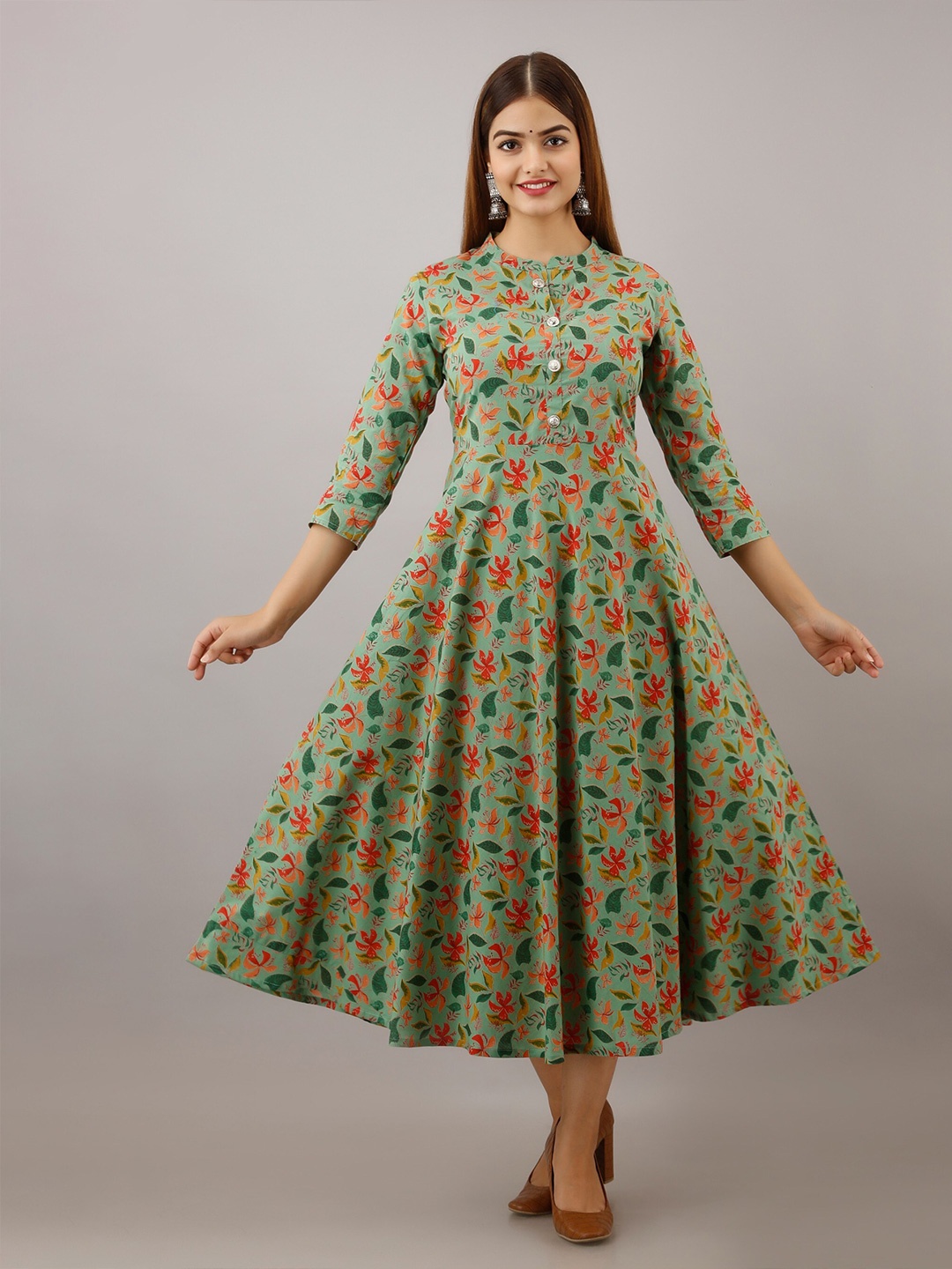 

Women Touch Floral A-Line Cotton Maxi Dress, Green