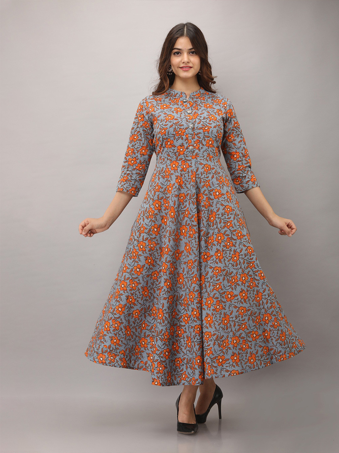 

Women Touch Floral Printed Maxi Cotton Dress, Grey