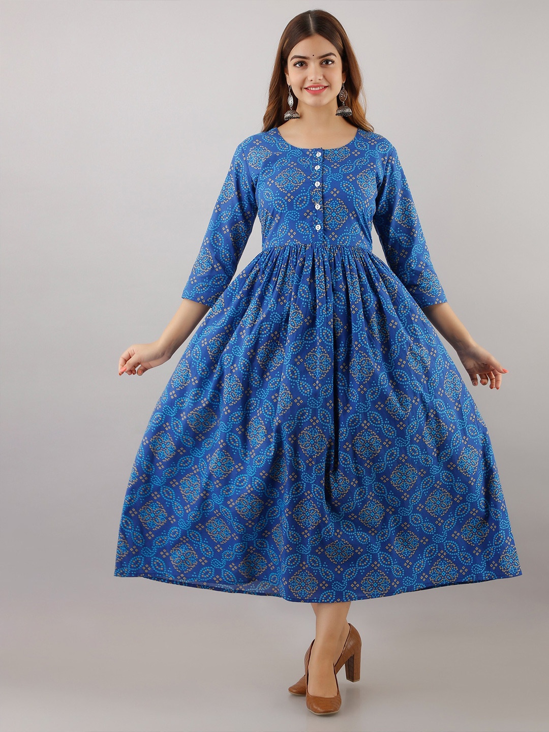 

Women Touch Bandhani Printed Cotton Maxi Dress, Blue