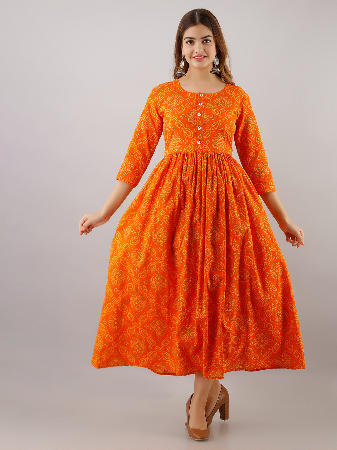 

Women Touch Bandhani Printed Cotton Maxi Dress, Orange