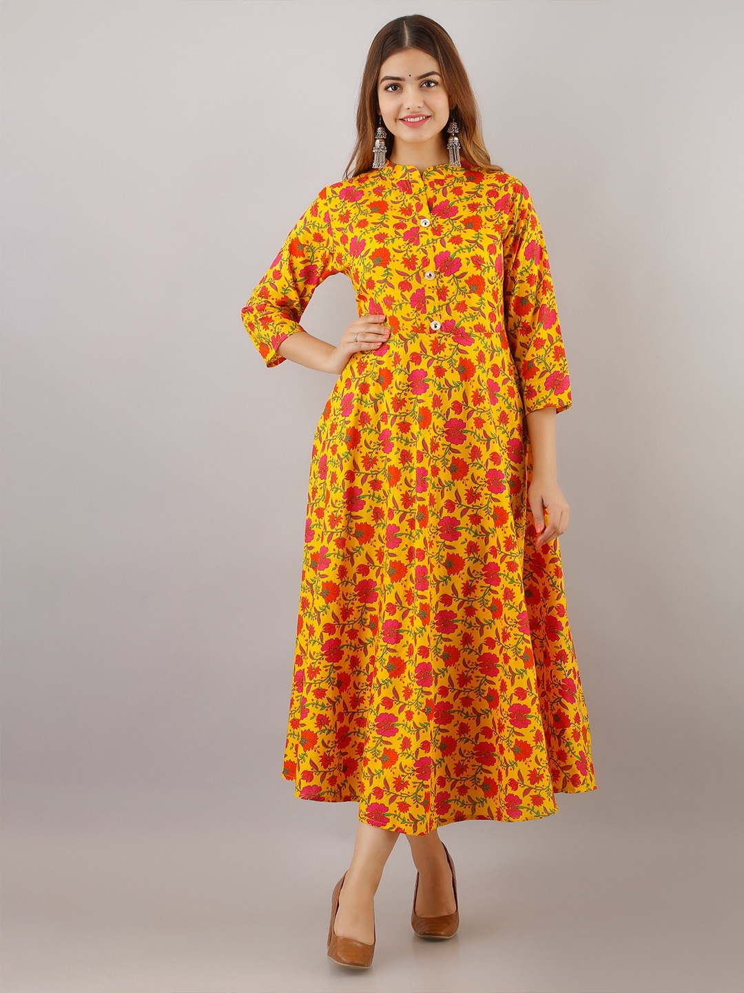 

Women Touch Floral Printed Cotton Maxi Dress, Yellow