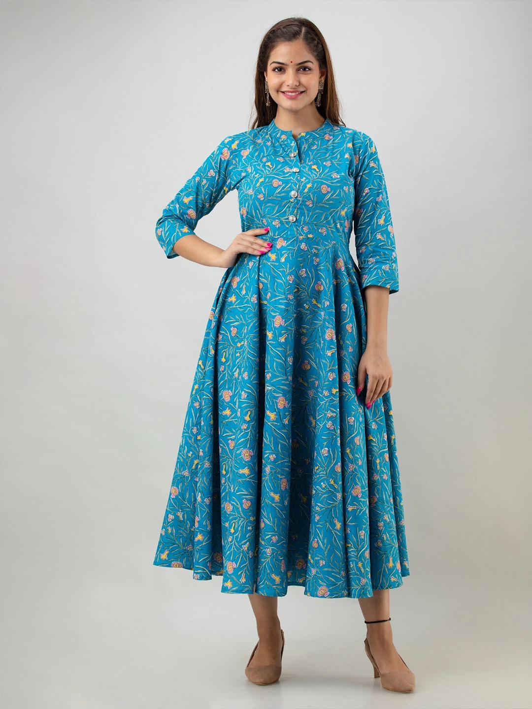 

Women Touch Floral Printed Cotton Maxi Dress, Blue