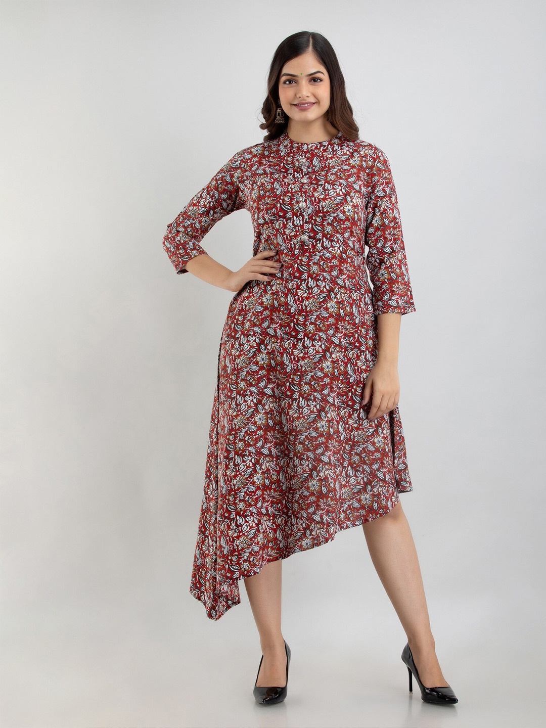 

Women Touch Floral Printed Asymmetric Midi Dress, Red