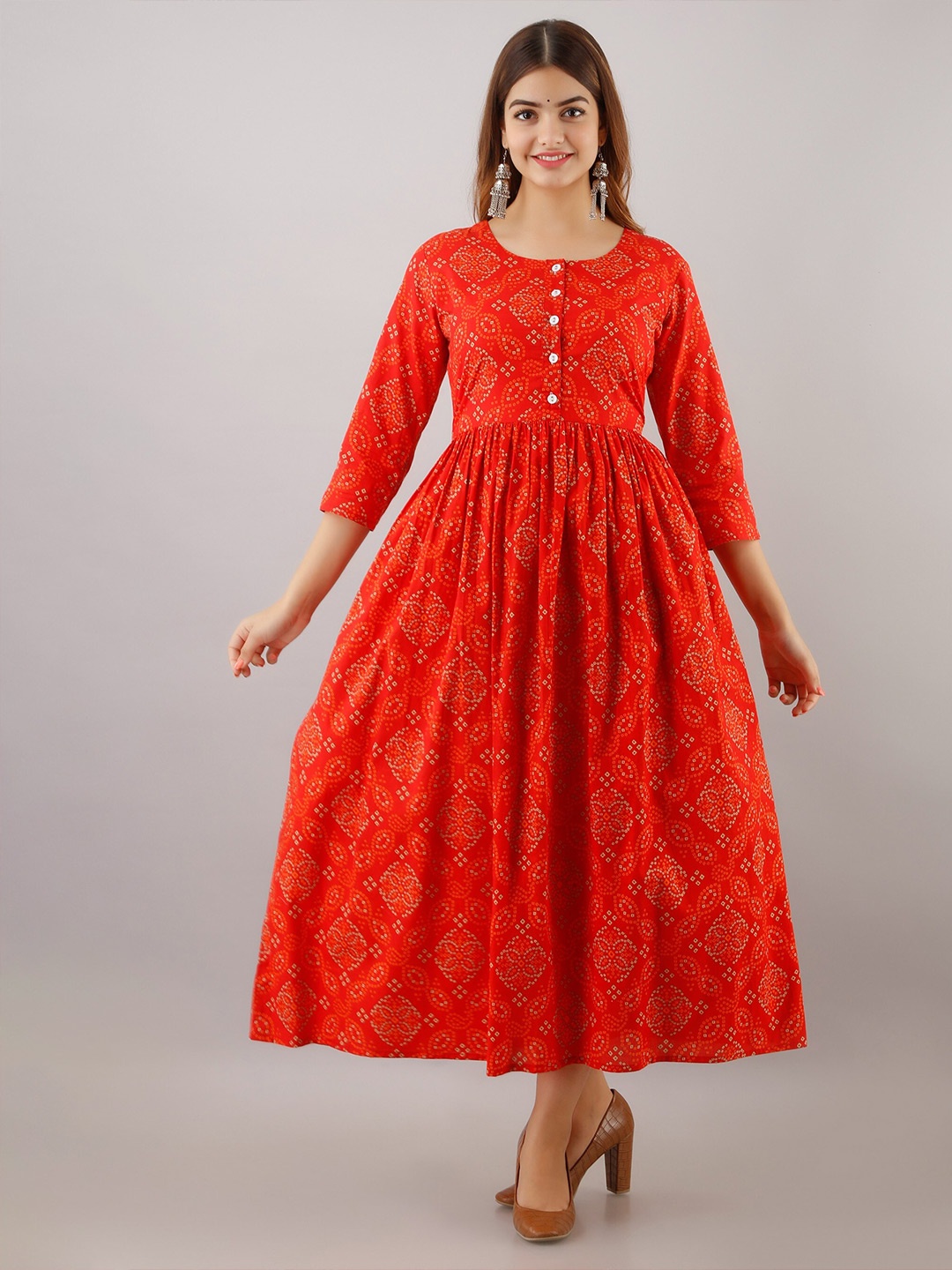 

Women Touch Bandhani Printed Cotton Maxi Dress, Red