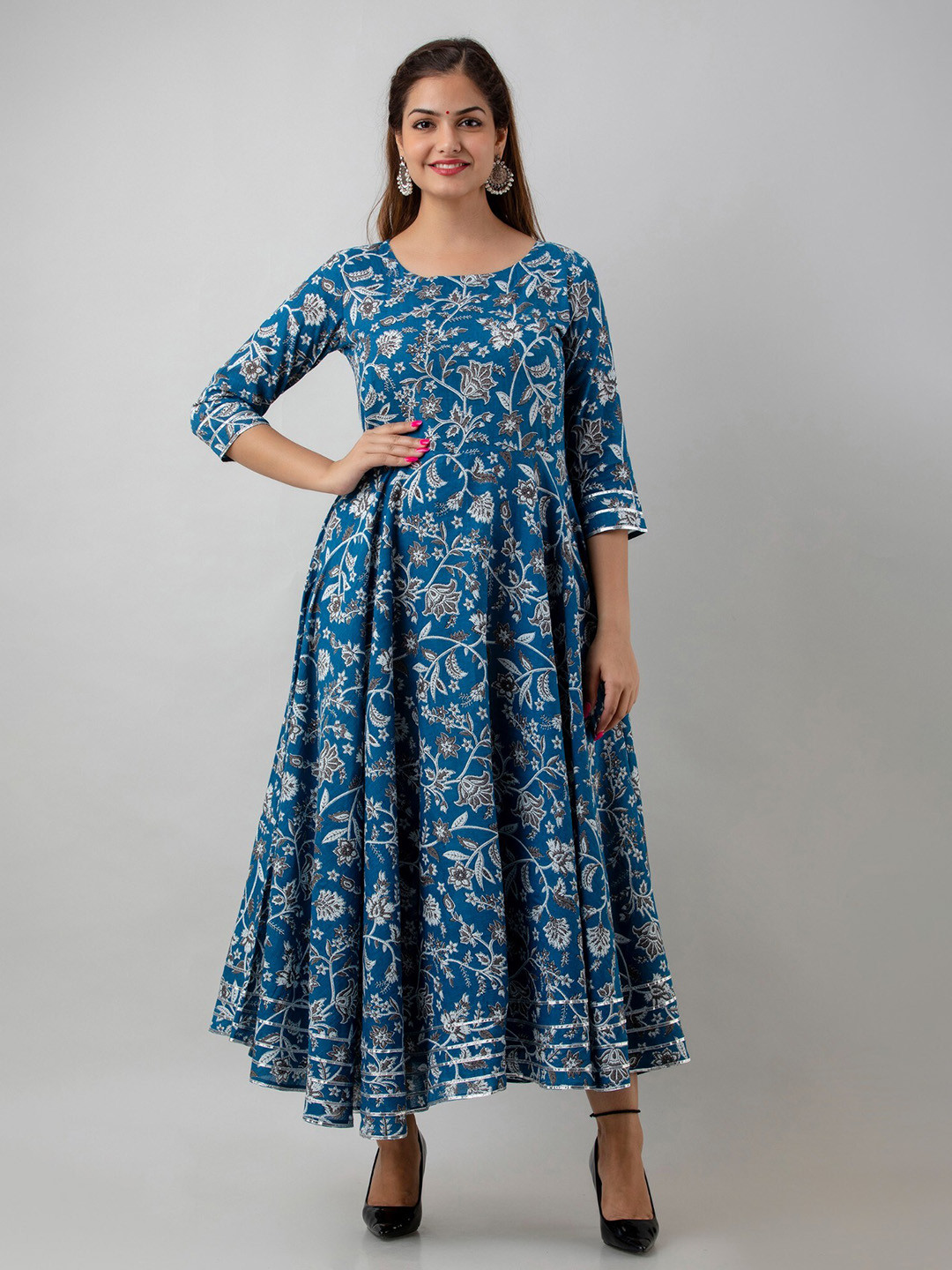 

Women Touch Floral Printed Cotton Maxi Dress, Blue