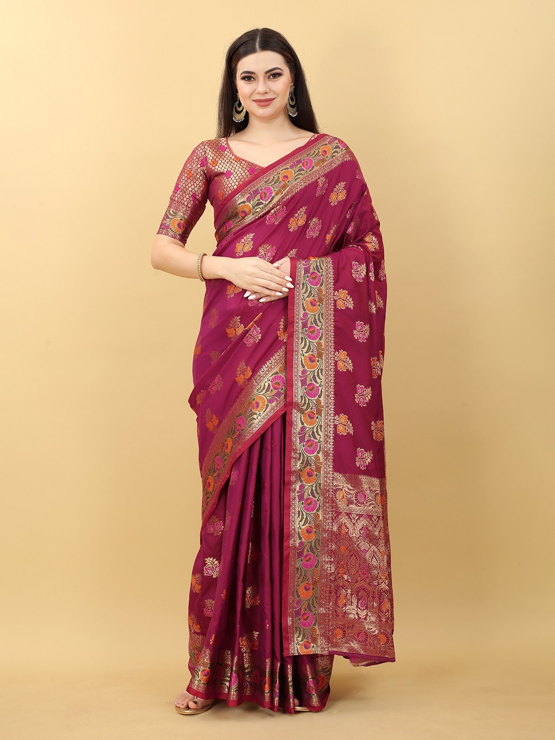 

JSItaliya Ethnic Motifs Zari Silk Blend Banarasi Saree, Purple