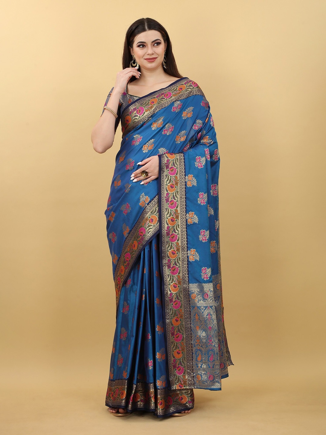 

JSItaliya Floral Zari Silk Blend Banarasi Saree, Blue