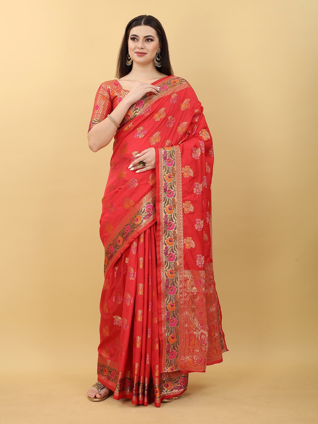 

JSItaliya Floral Zari Silk Blend Banarasi Saree, Pink