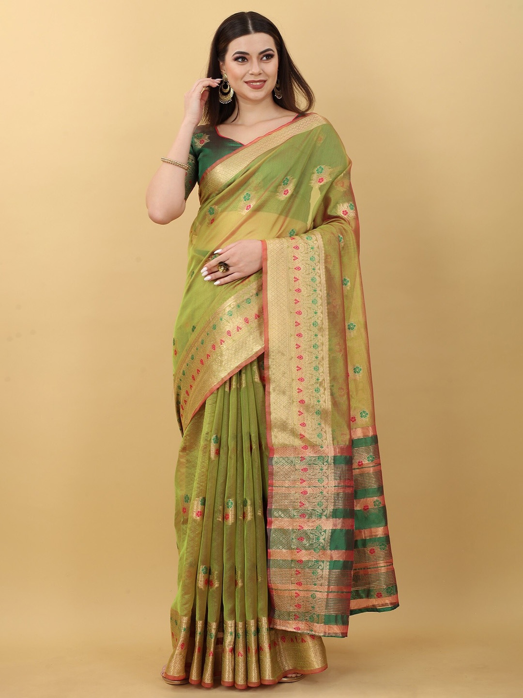 

JSItaliya Woven Design Zari Silk Blend Banarasi Saree, Green