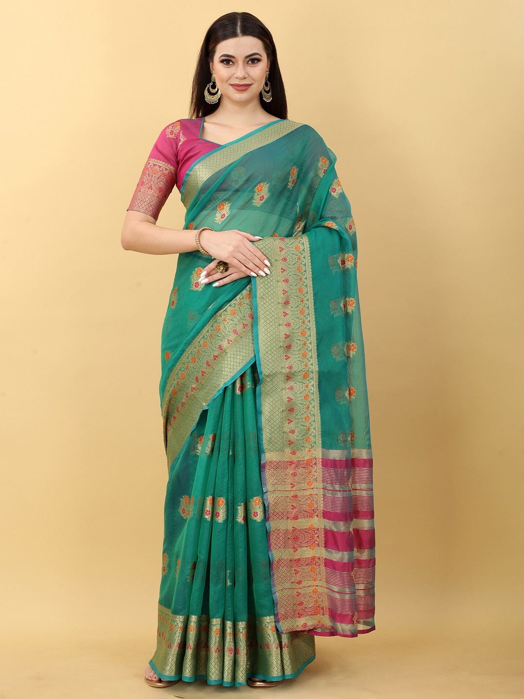 

JSItaliya Ethnic Motifs Zari Silk Blend Banarasi Saree, Green