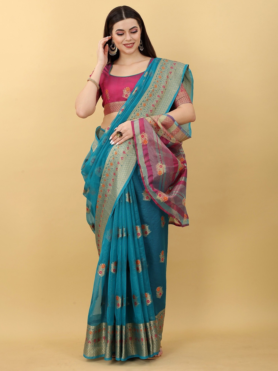 

JSItaliya Ethnic Motifs Zari Silk Blend Banarasi Saree, Blue