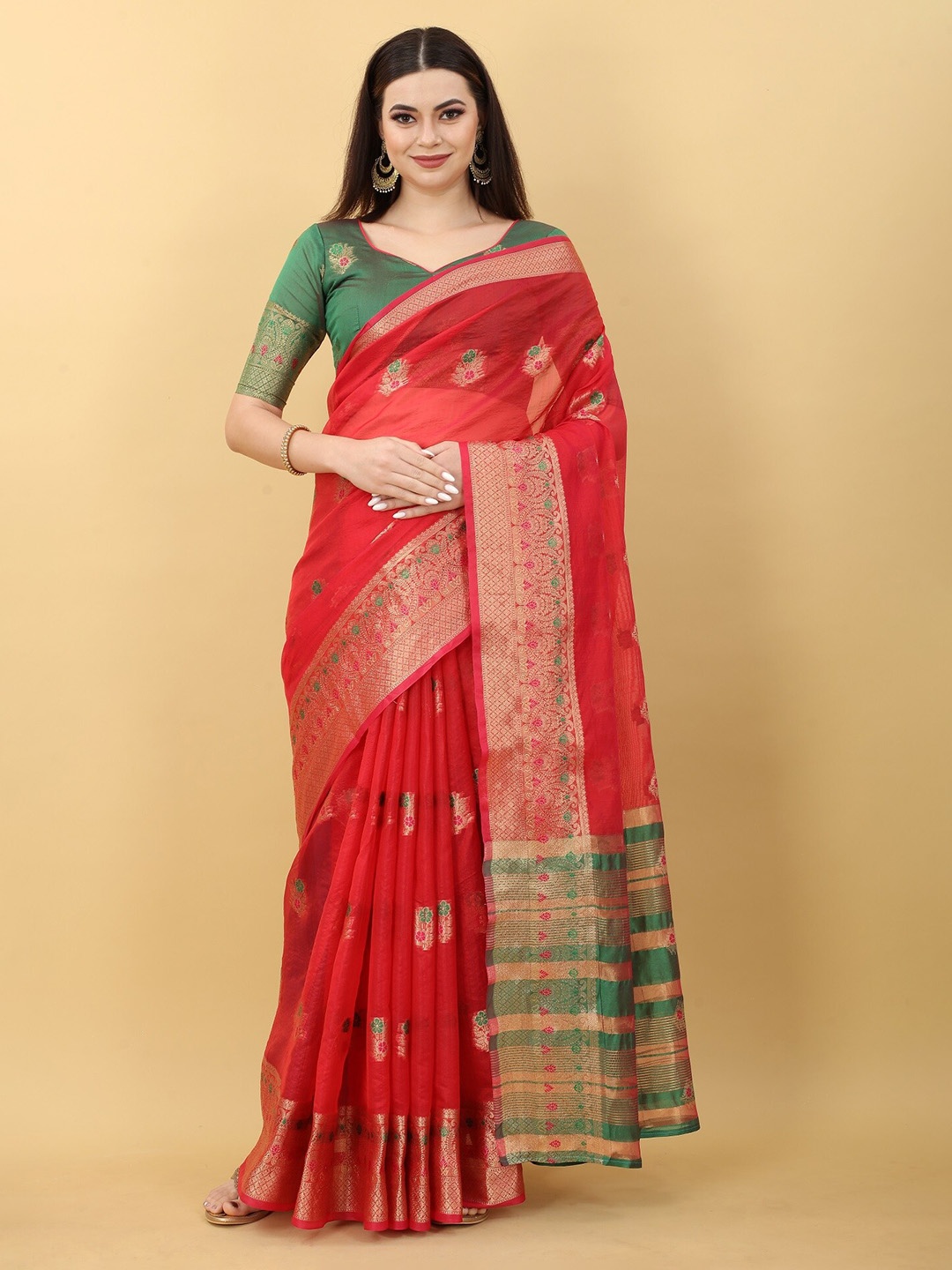 

JSItaliya Ethnic Motifs Zari Silk Blend Banarasi Saree, Red