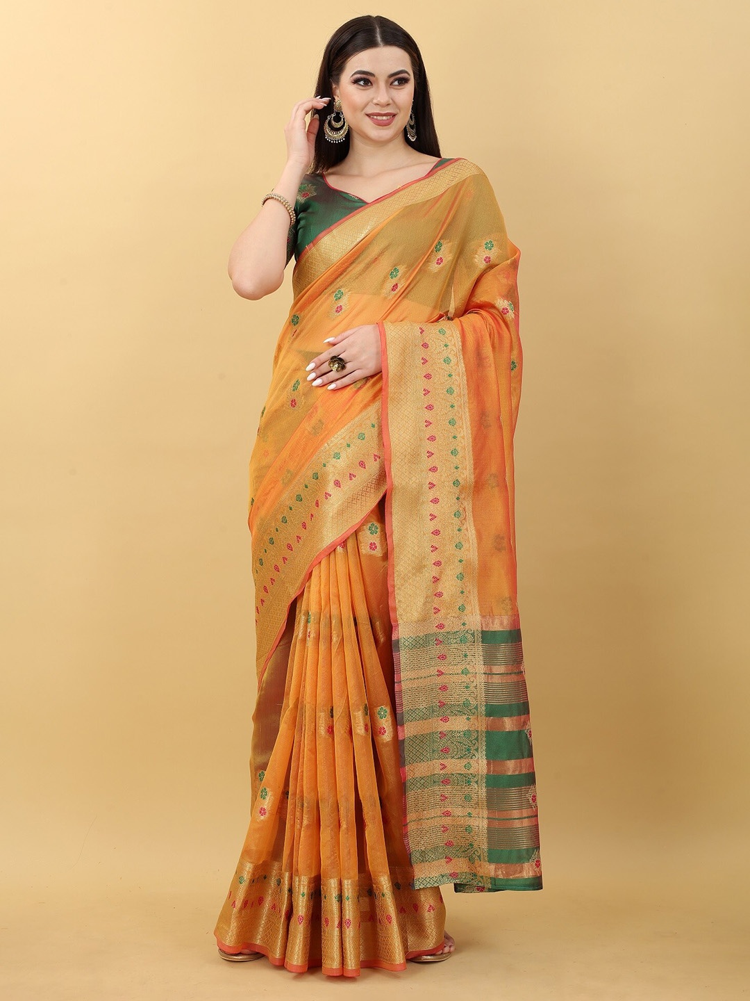 

JSItaliya Ethnic Motifs Zari Silk Blend Banarasi Saree, Mustard