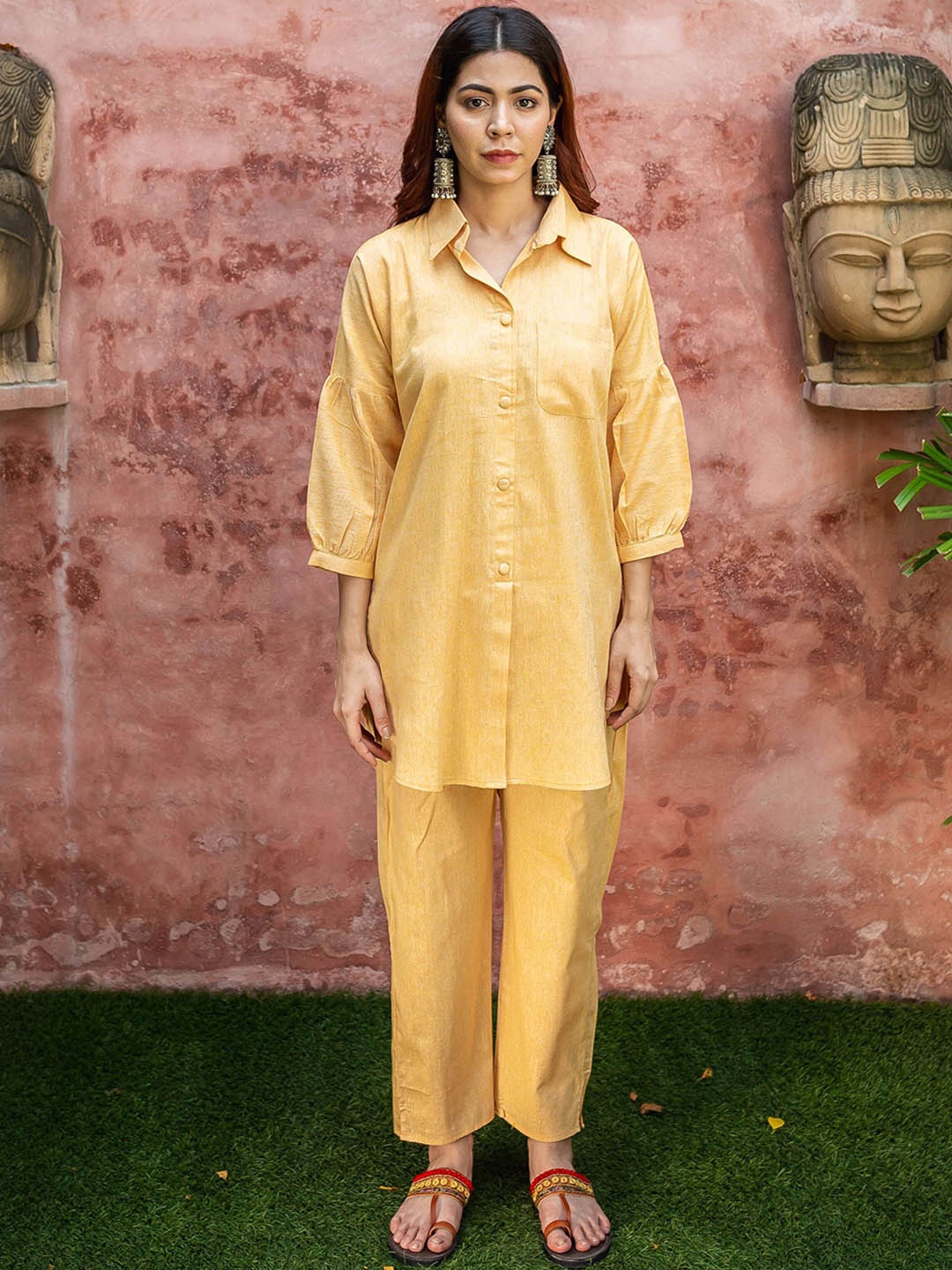 

EMPRESS PITARA Shirt Collar Linen Straight Kurta with Trousers, Yellow