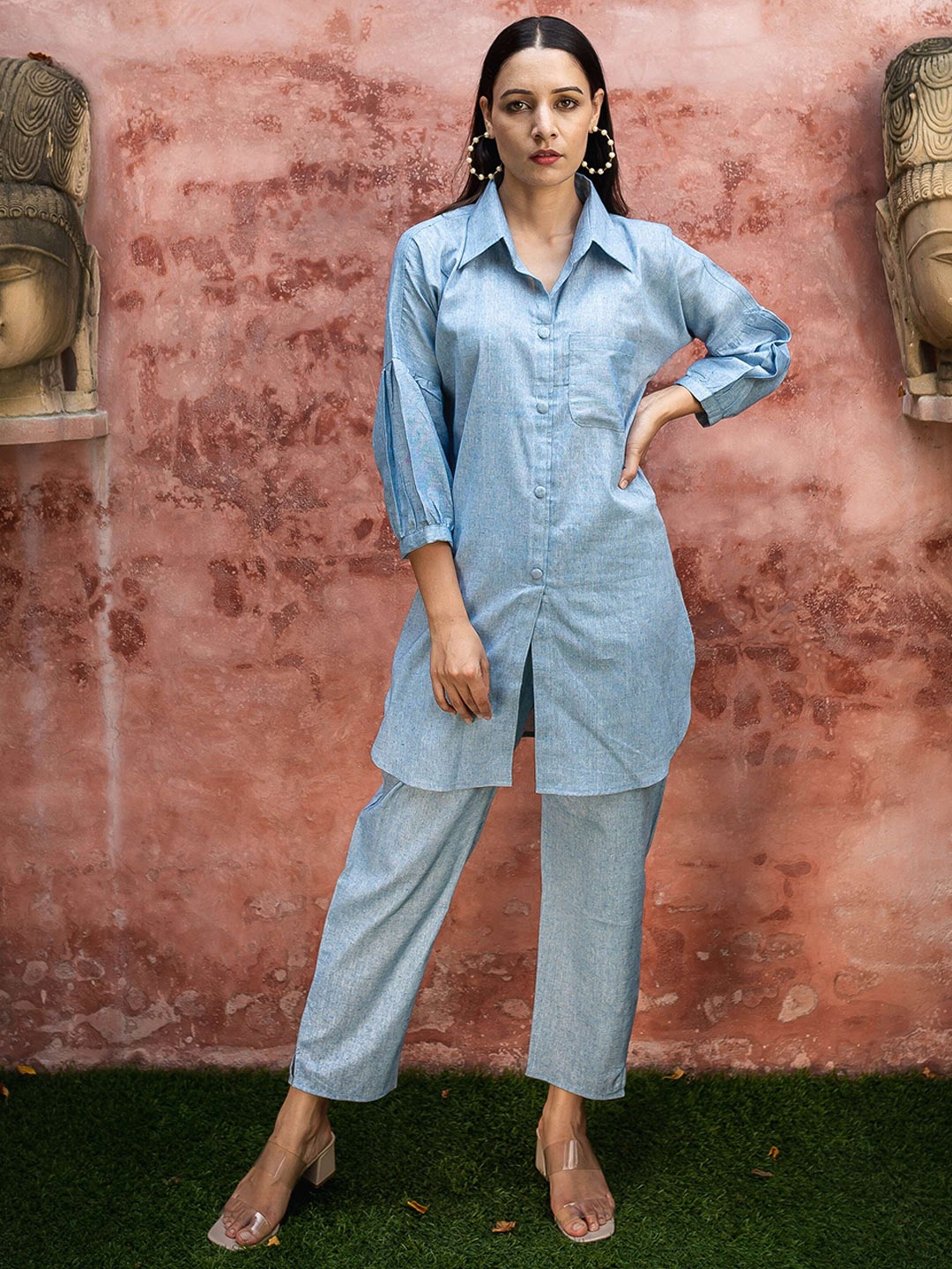 

EMPRESS PITARA Shirt Collar Linen Straight Kurta with Trousers, Blue