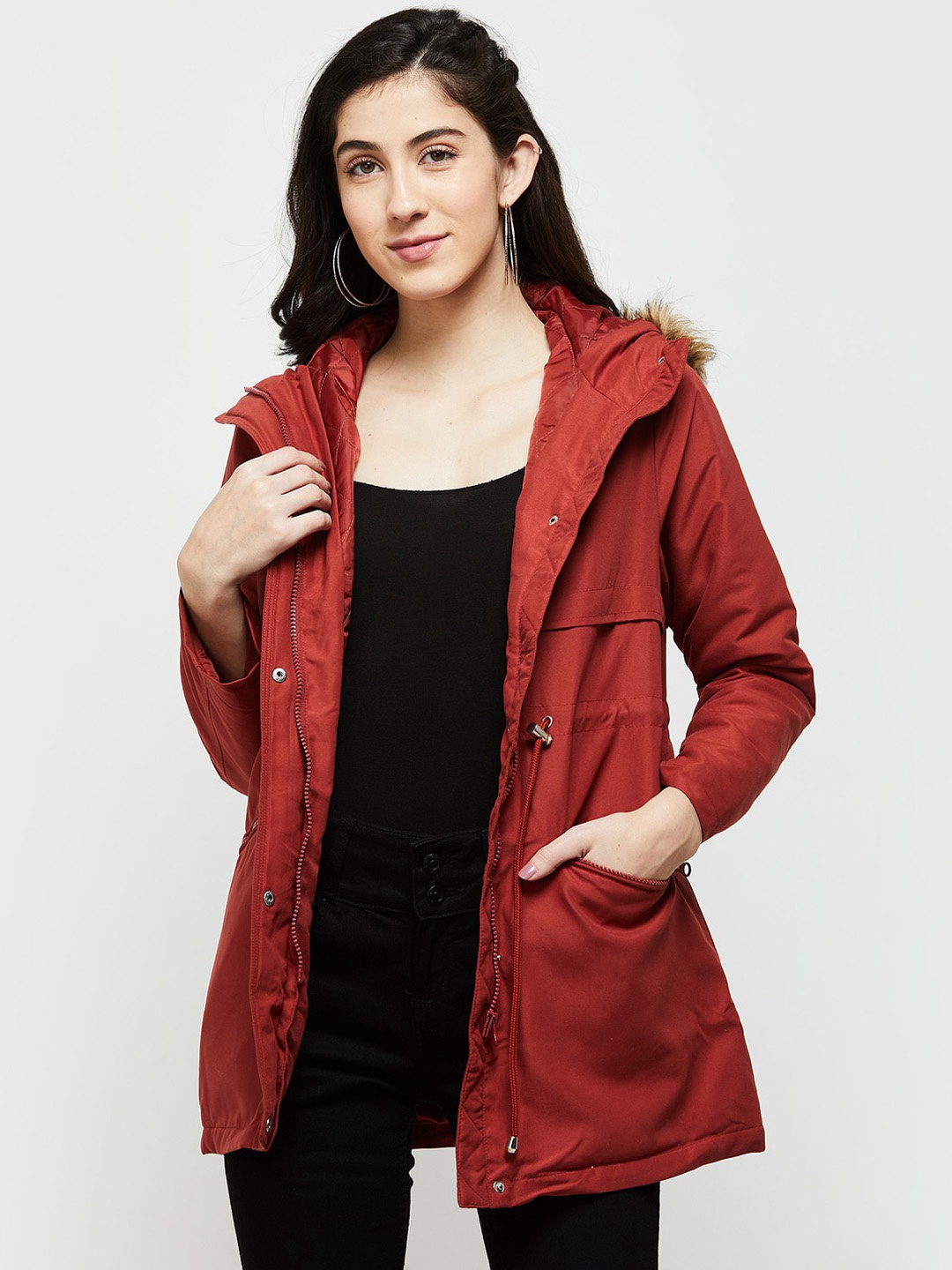 

max Women Windcheater Longline Parka Jacket, Red