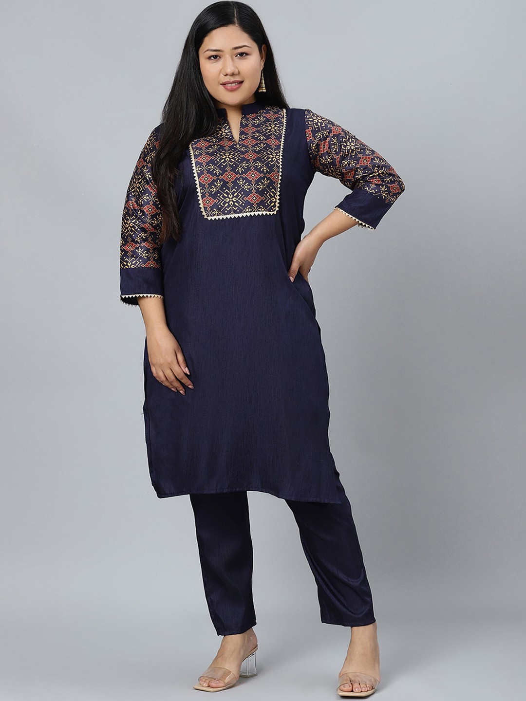 

curveZI by Ziyaa Plus Size Yoke Design Kurta with Trousers, Navy blue
