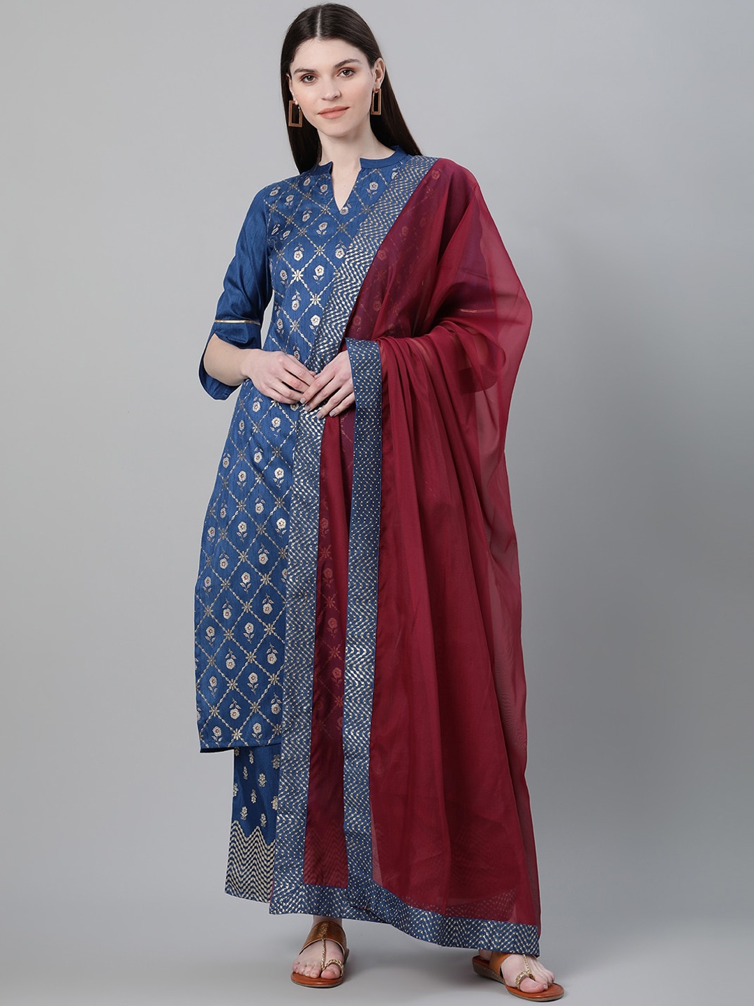 

ZIYAA Women Floral Printed Sequinned Kurta with Palazzos & Dupatta, Blue