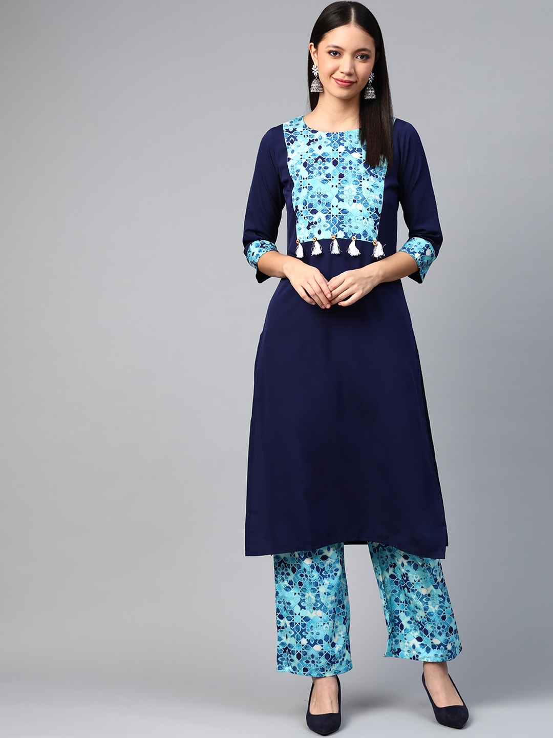 

ZIYAA Women Printed Round Neck Kurta with Palazzos, Navy blue