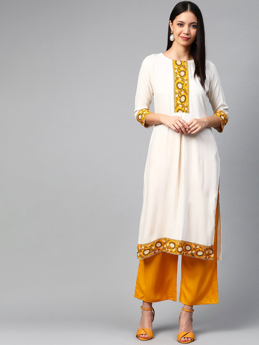 

ZIYAA Women Floral Printed Pure Cotton Kurta with Palazzos, Off white