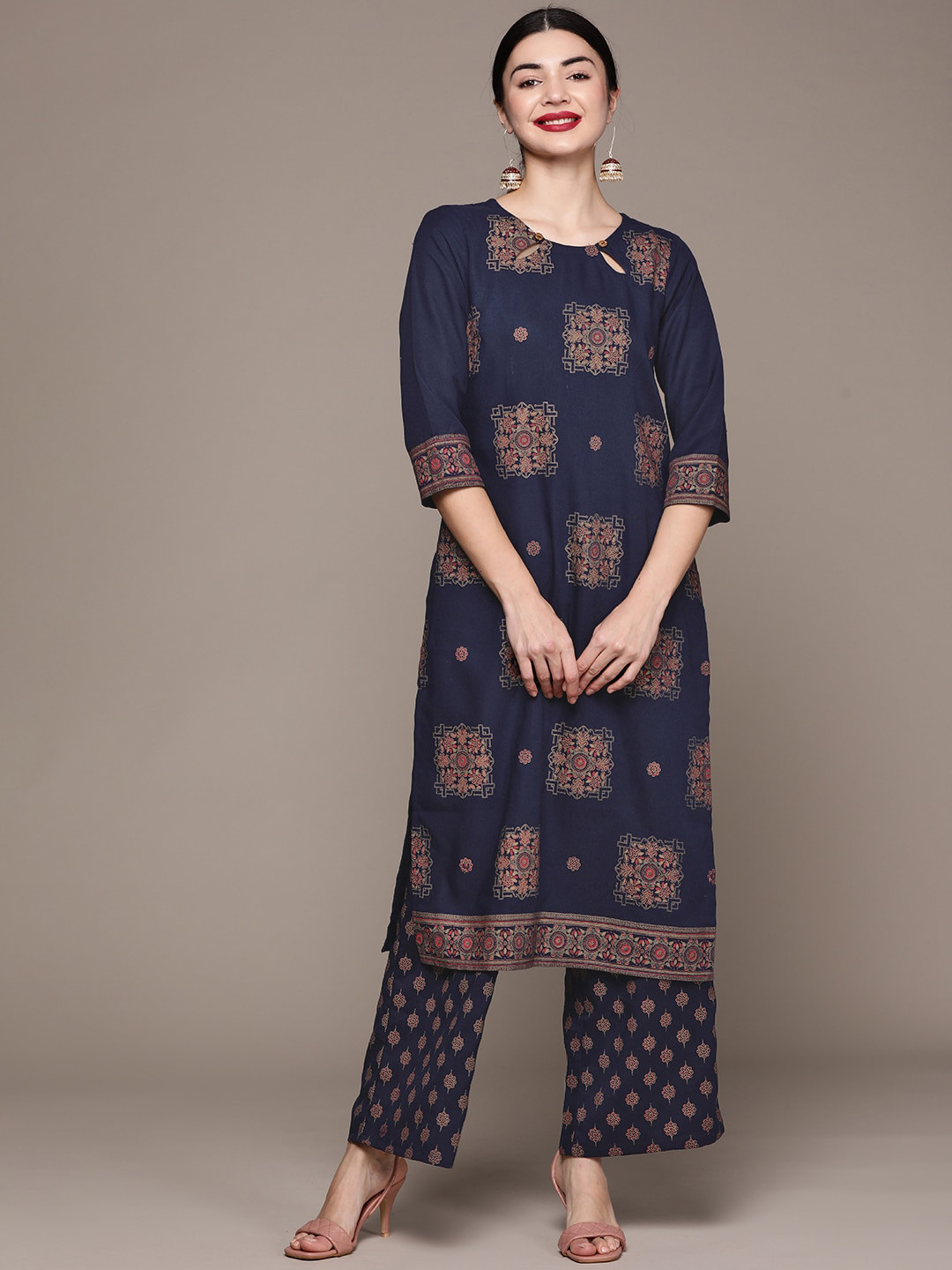 

ZIYAA Women Floral Printed Round Neck Kurta with Palazzos, Navy blue