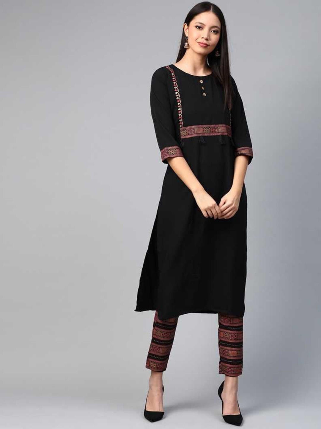 

ZIYAA Ethnic Motifs Yoke Design Kurta with Trousers, Black