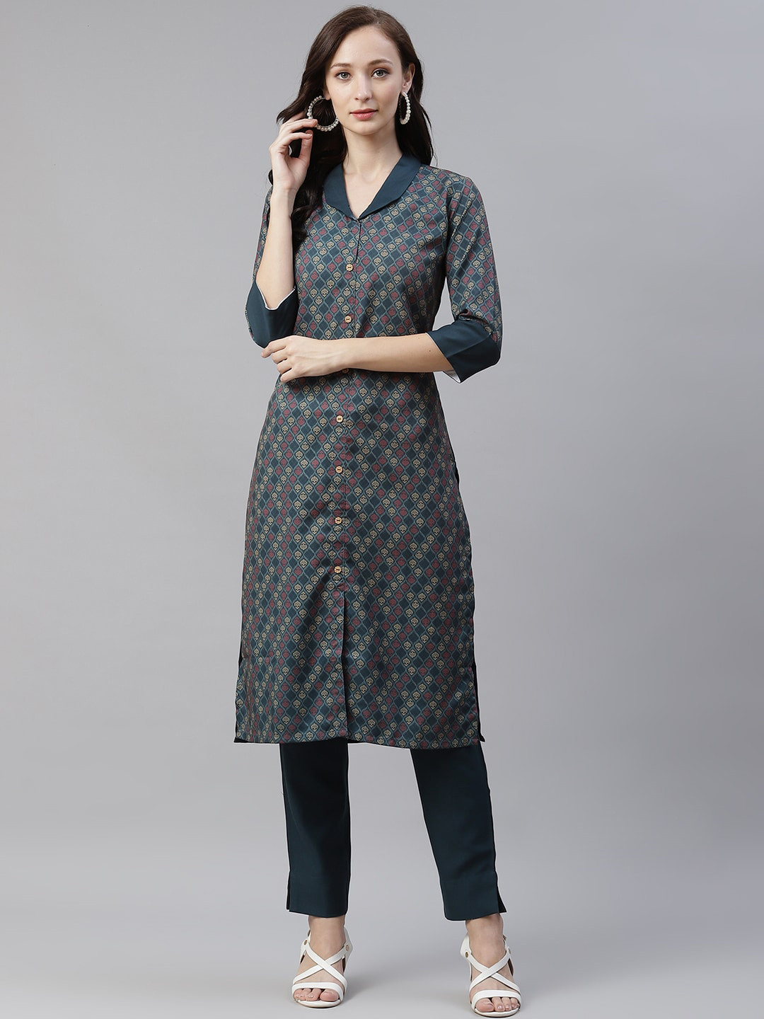 

ZIYAA Ethnic Motifs Printed Kurta with Trousers, Teal