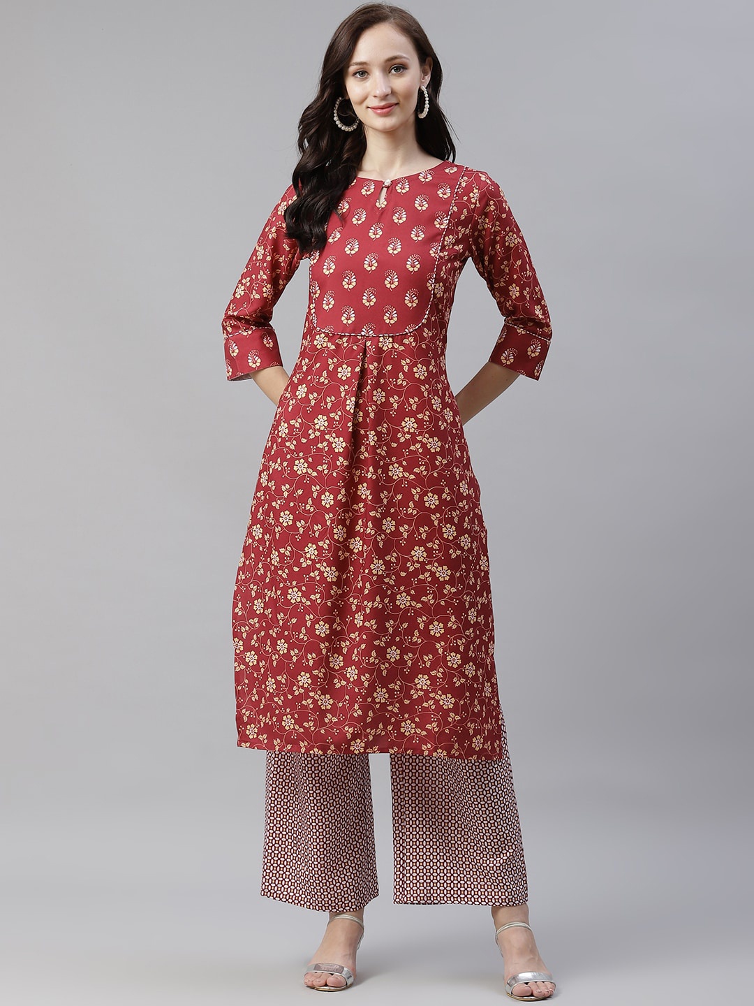 

ZIYAA Ethnic Motifs Printed Kurta with Palazzos, Maroon
