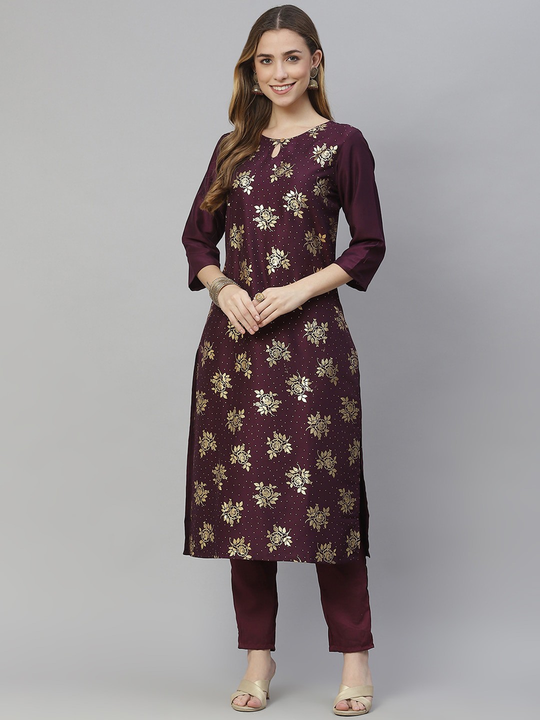 

ZIYAA Floral Printed Kurta with Trousers, Purple