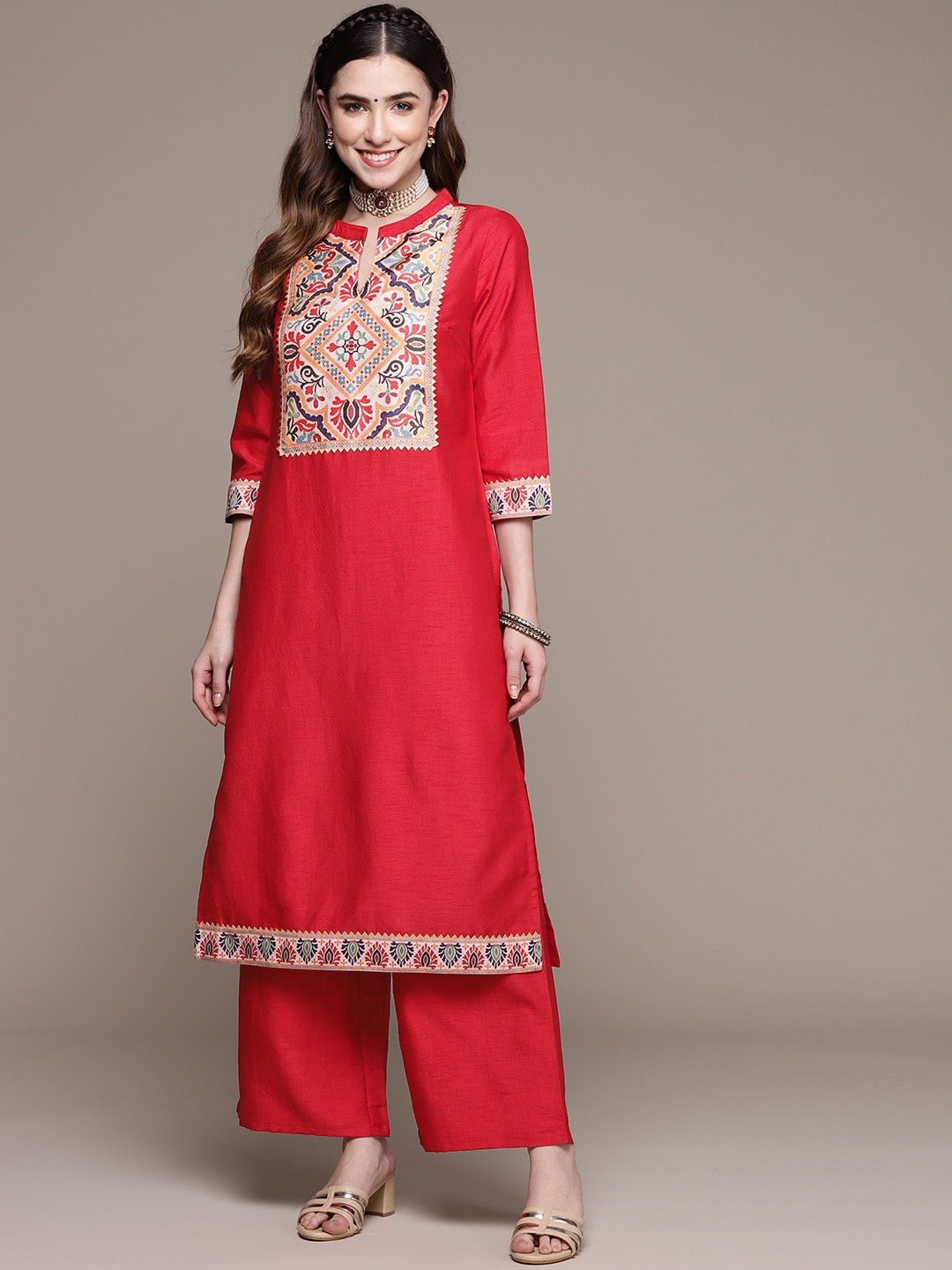 

ZIYAA Floral Yoke Design Gotta Patti Kurta with Palazzos, Red