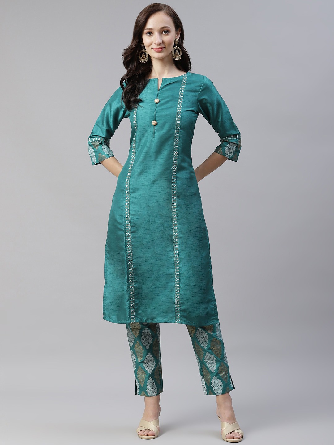 

ZIYAA Ethnic Motifs Printed Kurta with Trousers & With Dupatta, Green