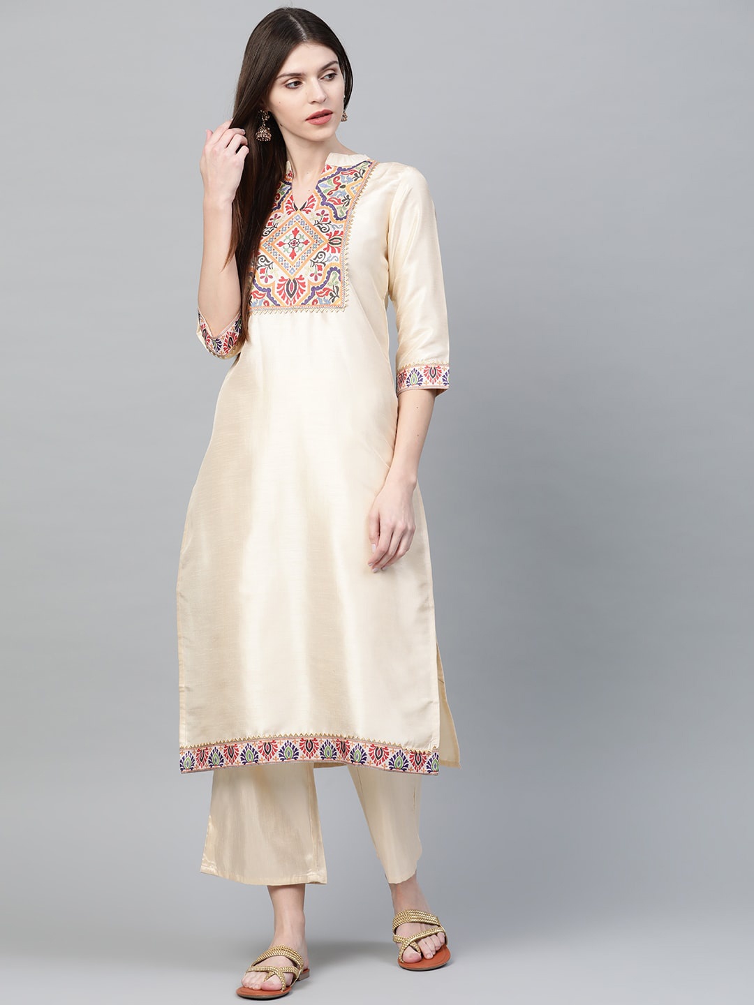 

ZIYAA Ethnic Motifs Printed Gotta Patti Kurta with Palazzos, Cream