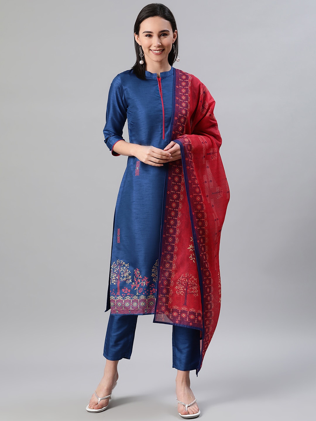 

ZIYAA Floral Printed A-Line Kurta With Trousers & Dupatta, Blue