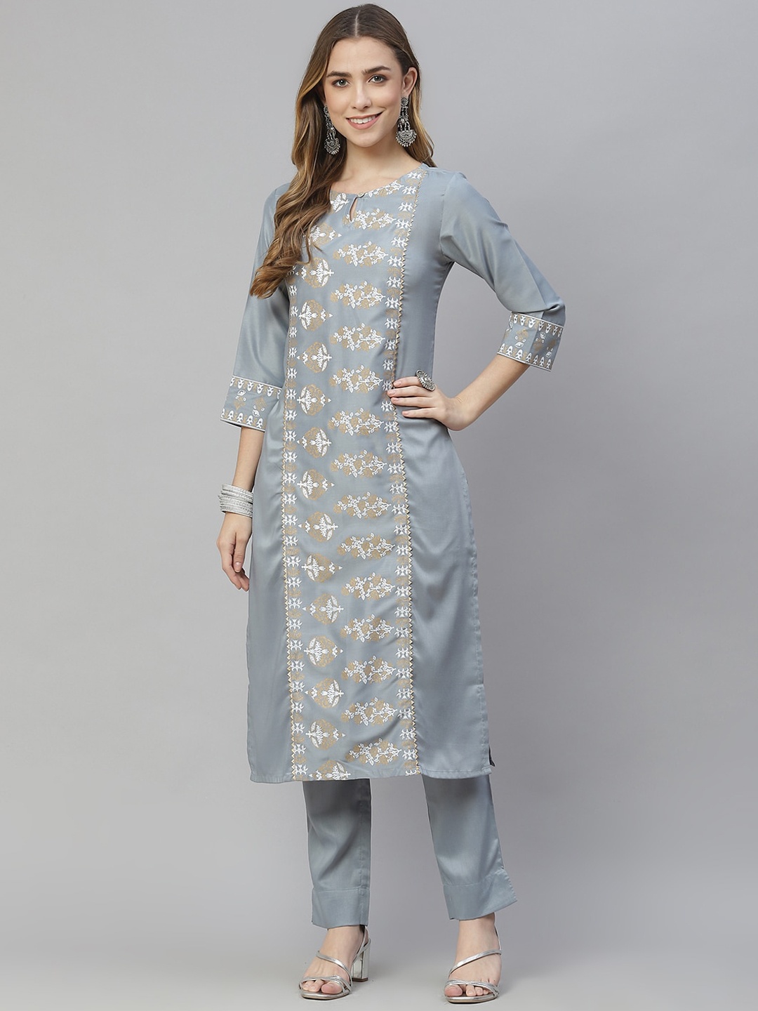 

ZIYAA Ethnic Motifs A-Line Printed Gotta Patti Kurta with Trousers, Grey