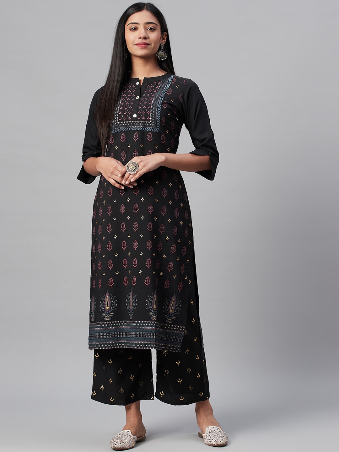 

ZIYAA Ethnic Motifs Printed A-Line Kurta with Palazzos, Black