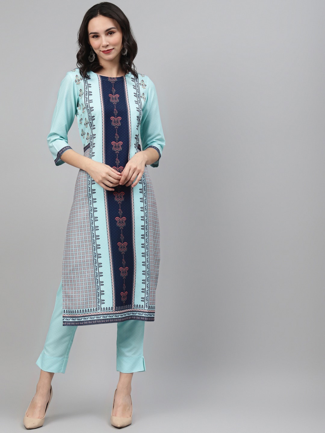 

ZIYAA Ethnic Motifs A-Line Printed Kurta with Trousers, Blue