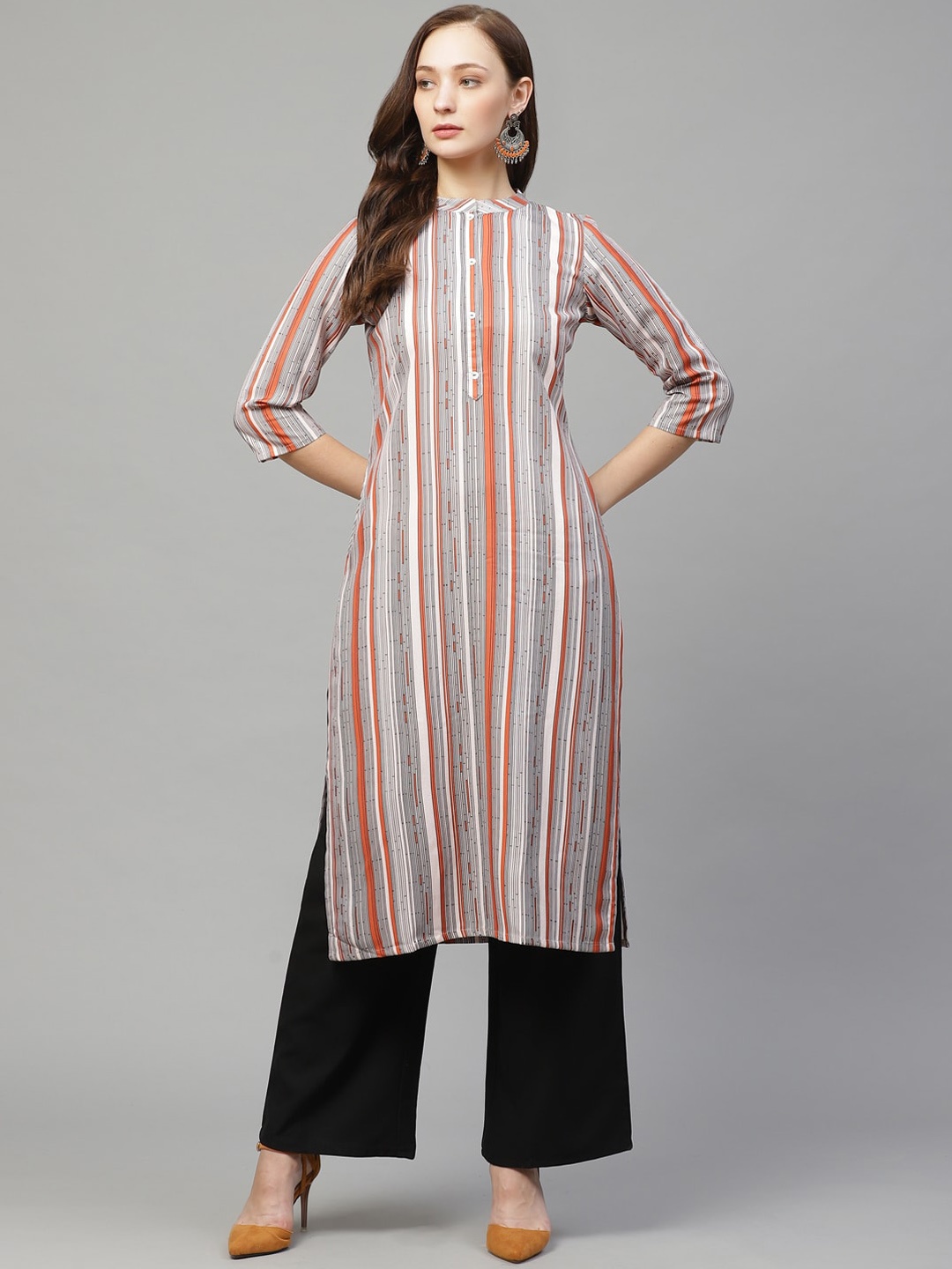 

ZIYAA Striped A-Line Kurta with Palazzos, Off white