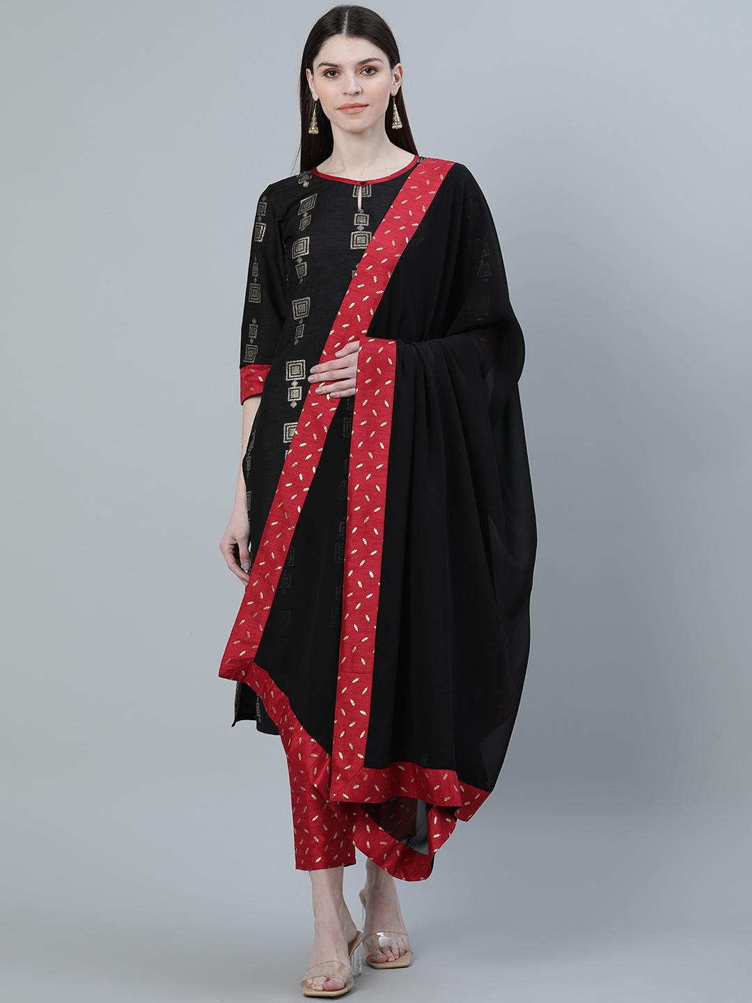 

ZIYAA Printed Straight Kurta with Trousers & With Dupatta, Black