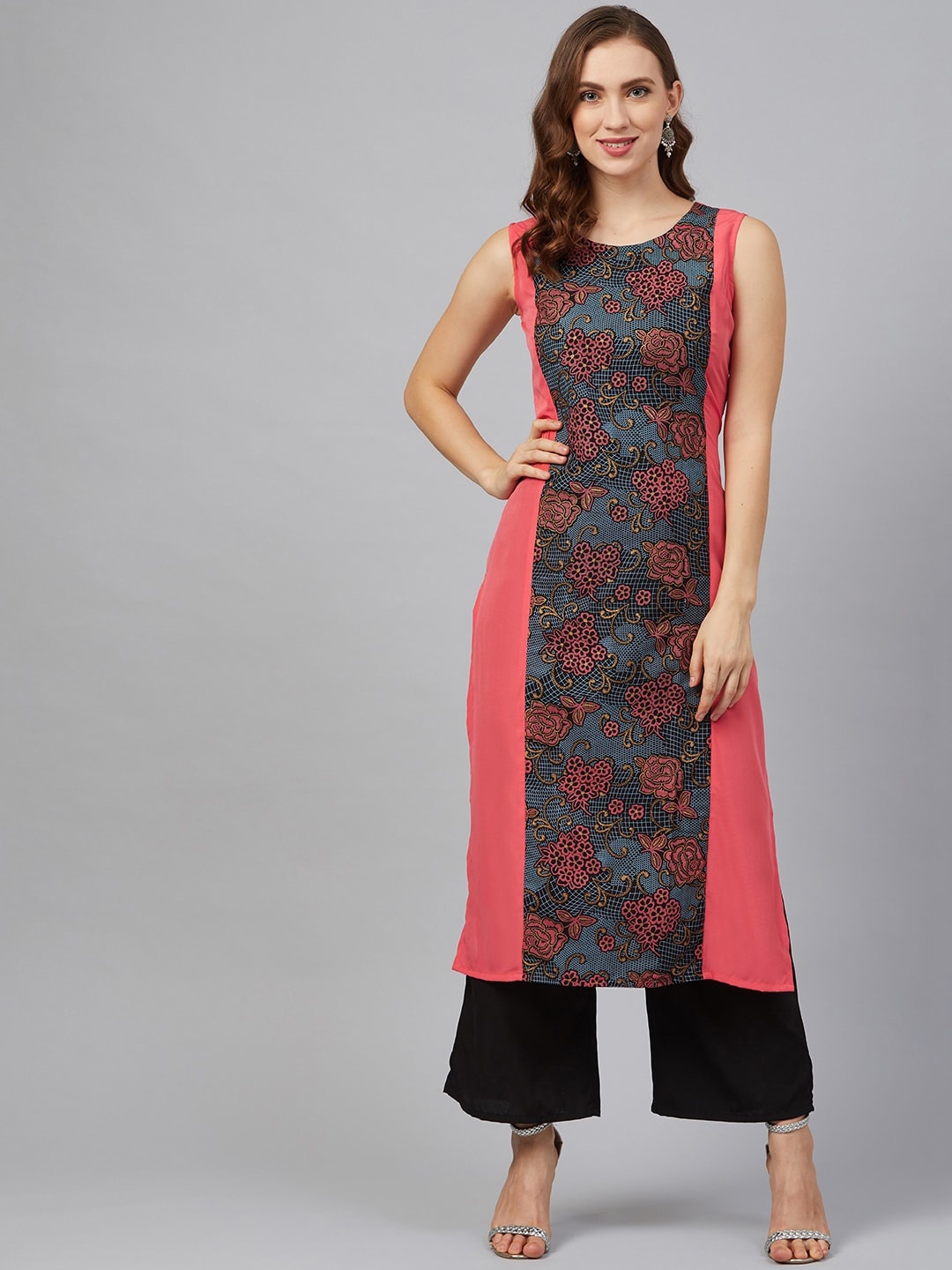 

ZIYAA Floral Printed Sleeveless Straight Kurta with Palazzos, Peach